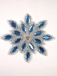 0348  Ice Blue  / Silver Snowflake Jewel Beaded Applique 3"