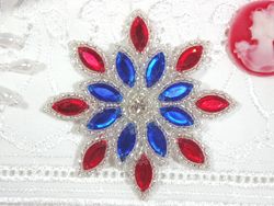 0348  Patriotic Snowflake Jewel Beaded Applique 3"-red,blue,silver,jewel,victorian,embellishment,sewing,clothing,sequin,beaded,bead,sequins,applique,motif,trim,trimmings,sewing,beaded,brooch  