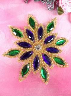 0348 Mardi Gras Snowflake Jewel Beaded Applique 3"