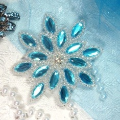 0348 Turquoise Silver Snowflake Jewel Beaded Hair Bow / Brooch / Applique 3"