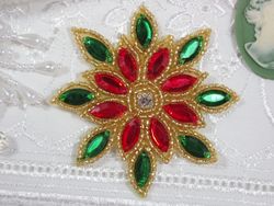 0348  Red / Green Snowflake Jewel Beaded Applique 3"