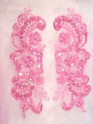 0350  Pink Venice Lace Mirror Pair Sequin Beaded Appliques 7"-pink,mirror,pair,venice,lace,venise,victorian,embellishment,sequin,beaded,bead,sequins,appliques,motif,sewing