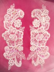 0350  White Venice Lace Mirror Pair Sequin Beaded Appliques 7"-white,mirror,pair,venice,lace,venise,victorian,embellishment,sequin,beaded,bead,sequins,appliques,motif,sewing