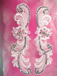 0352  Silver Venice Lace Mirror Pair Sequin Beaded Appliques 10"