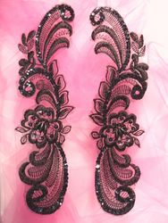 0352  Black Iris Venice Lace Mirror Pair Sequin Beaded Appliques 10"-black,venice,lace,venise,gold,jewel,victorian,embellishment,sewing,clothing,sequin,beaded,bead,sequins,applique,motif, trim,trimmings,sewing,beaded,brooch  