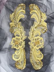 0352  Gold Venice Lace Mirror Pair Sequin Beaded Appliques 10"-gold,venice,lace,venise,gold,jewel,victorian,embellishment,sewing,clothing,sequin,beaded,bead,sequins,applique,motif, trim,trimmings,sewing,beaded,brooch  
