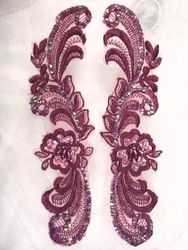 0352  Purple Wine Venice Lace Mirror Pair Sequin Beaded Applique 9.5"-purple,wine,venice,lace,venise,gold,jewel,victorian,embellishment,sewing,clothing,sequin,beaded,bead,sequins,applique,motif, trim,trimmings,sewing,beaded,brooch  