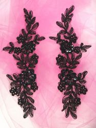 0353  Black Venice Lace Mirror Pair Sequin Beaded Appliques 9"-black,mirror,pair,venice,lace,venise,victorian,embellishment,sewing,sequin,beaded,bead,sequins,appliques,motif