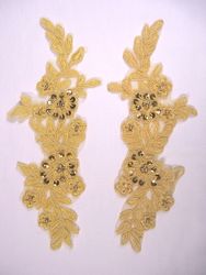 0353  Gold Venice Lace Mirror Pair Sequin Beaded Appliques 9"-gold,mirror,pair,venice,lace,venise,victorian,embellishment,sewing,sequin,beaded,bead,sequins,appliques,motif