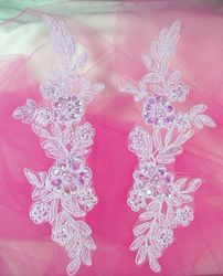 0353  Lavender Venice Lace Mirror Pair Sequin Beaded Appliques 9"