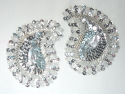 0361  Silver Paisley Mirror Pair Beaded Sequin Applique 3.25"-silver,paisley,pair,motif,sequin,beaded,applique,trimmings,embellishment,motif, 