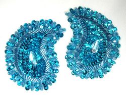 0361  Turquoise Paisley Mirror Pair Beaded Sequin Applique 3.25"