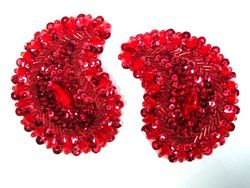 0361  Red Paisley Mirror Pair Beaded Sequin Applique 3.25"