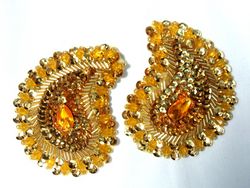 0361  Gold Paisley Mirror Pair Beaded Sequin Applique 3.25"-gold,paisley,pair,motif,sequin,beaded,applique,trimmings,embellishment,motif, 