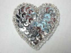 0362  Silver Heart Beaded Sequin Applique 1" +-silver,heart,valentine,motif,sequin,beaded,applique,trimmings,embellishment,motif, 