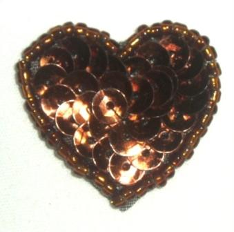 0362  Bronze Heart Beaded Sequin Applique 1" +-bronze,heart,valentine,motif,sequin,beaded,applique,trimmings,embellishment,motif, 