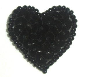 0362  Black Heart Beaded Sequin Applique 1" +-black,heart,valentine,motif,sequin,beaded,applique,trimmings,embellishment,motif, 