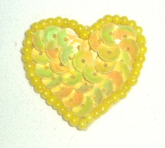 0362  Yellow Heart Beaded Sequin Applique 1"-yellow,heart,valentine,motif,sequin,beaded,applique,trimmings,embellishment,motif, 