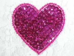 0363  Burgundy Fuchsia Heart Beaded Sequin Applique 2"