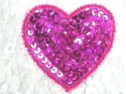 0363  Fuchsia Heart Beaded Sequin Applique 2"