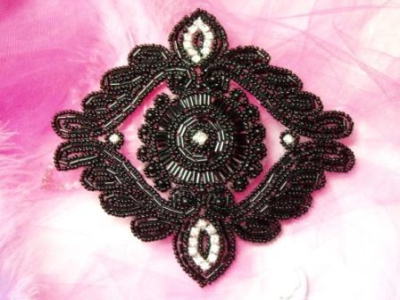 0364  Black Beaded  Rhinestone Applique 6"-black,rhinestone,jewel,motif,sequin,beaded,applique,embellishment,