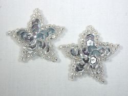 0366  Set of ( 2 ) Silver Star Beaded Sequin Appliques 1"-star,silver,embellishment,victorian,sewing,sequin,beaded,bead,sequins,applique,motif