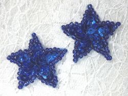 0366  Set of ( 2 ) Royal Blue Star Beaded Sequin Appliques 1"