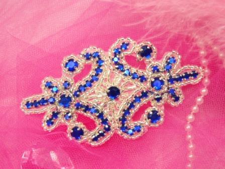0373  Blue Jewel Silver Beaded Applique 4"-blue,jewel,beaded,bead,beads,applique,appliques