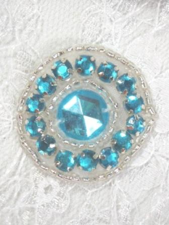 A0379 Turquoise Silver Rhinestone Round Beaded Applique 1.25"