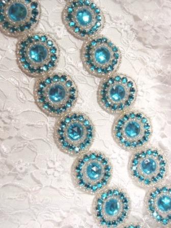 0379  Turquoise Silver Rhinestone Round Beaded Appliques or Trim 1.25"-turquoise,silver,rhinestone,applique,motif,jewel,round, 