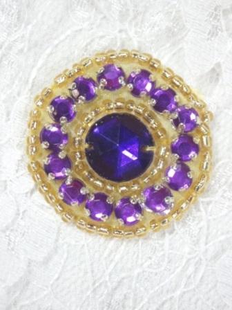 0379 Purple Gold Rhinestone Round Beaded Applique 1.25"-purple,gold,rhinestone,applique,motif,jewel,round,clear,