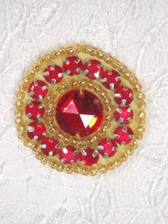 0379   Red Gold Rhinestone Round Beaded Applique 1.25"-red,gold,rhinestone,applique,motif,jewel,round,clear,