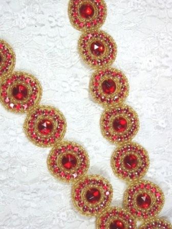 0379  Red Gold Rhinestone Round Beaded Appliques or Trim 1.25"