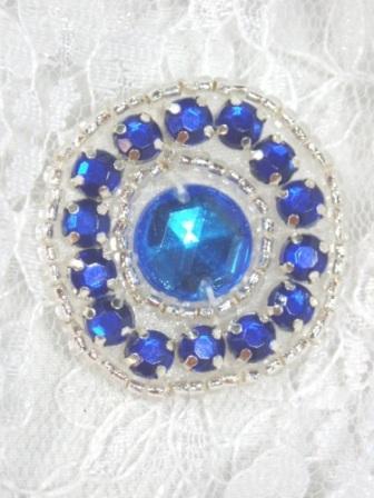 A0379   Blue Silver Rhinestone Round Beaded Applique 1.25"