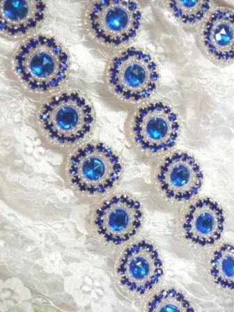 0379  Blue Silver Rhinestone Round Beaded Appliques or Trim 1.25"-blue,silver,rhinestone,applique,motif,jewel,round, 