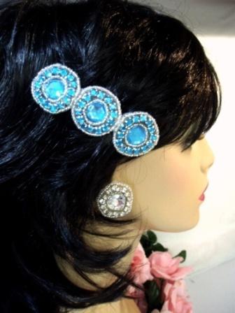 HB0379  Turquoise Jewel Silver Beaded Rhinestone Hair Bow 3.75"