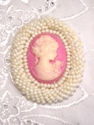 0383  Ivory Pink Victorian Cameo Beaded Applique 2"-ivory,pink,cameo,applique,beaded,beaded applique,victorian