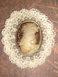 0389  Ivory  Beige Victorian Cameo Sequin Beaded Applique 2.5"-ivory,beige,cameo,applique,beaded,beaded applique,victorian,brooch,sequin applique