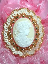0389  Ivory Victorian Cameo Sequin Beaded Applique 2.5"-ivory,cameo,applique,beaded,beaded applique,victorian,brooch,sequin applique