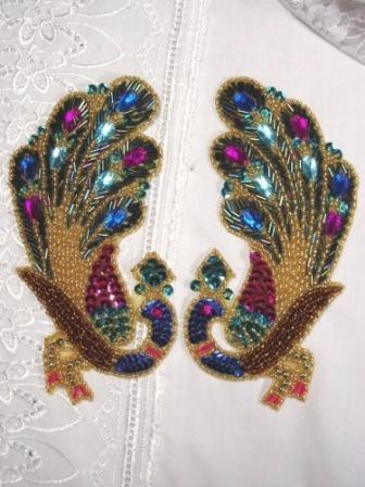 0390 Jewel Peacock Mirror Pair Sequin Beaded Appliques-peacock,jewel,sequin,beaded,applique,blue,fuchsia,pair