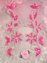 0396  Hot Pink Beaded Sequin Appliques Mirror Pair-applique,sequin,hot,pink,bead,beaded,pair,floral,flower