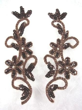 0396  Chocolate Brown Beaded Sequin Appliques Mirror Pair-applique,sequin,brown,bead,beaded,pair,floral,flower