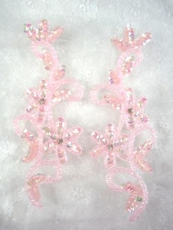 0396  Pink Crystal AB Beaded Sequin Appliques Mirror Pair-applique,sequin,pink,bead,beaded,pair,floral,flower