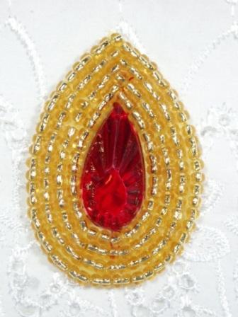0408  Red Gold Teardrop Jewel Beaded Applique 2.25"