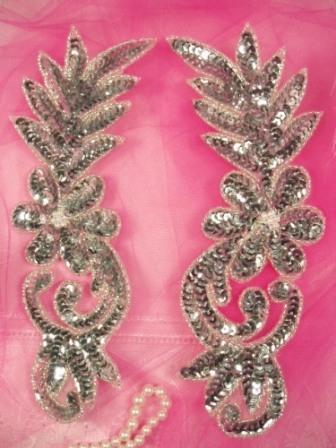0414  Silver Floral Mirror Pair Sequin Beaded Appliques