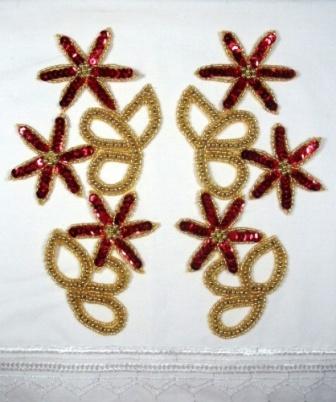 0416  Red Gold Floral Mirror Pair Sequin Beaded Appliques