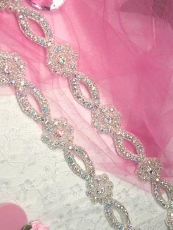 0429  Aurora Borealis Crystal AB Rhinestone Silver Beaded Floral Trim
