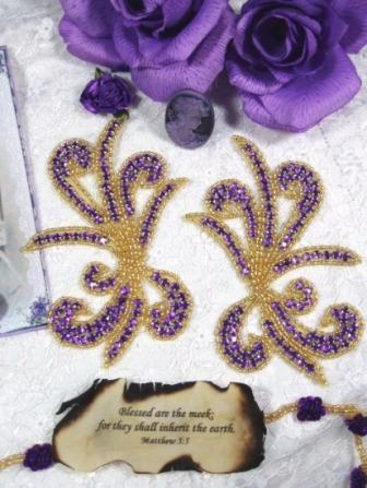 0042A Purple/Gold Rhinestone Mirror Pair Beaded Appliques-purple,gold,rhinestone,mirror,pair,applique,appliques,bead,beaded