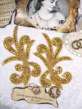 0042A Gold Rhinestone Mirror Pair Beaded Appliques-gold,rhinestone,mirror,pair,applique,appliques,bead,beaded