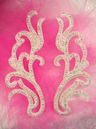 0433  Genuine Rhinestone Mirror Pair Beaded Appliques 8.5"-applique,rhinestone,pair,silver,jewel, 
